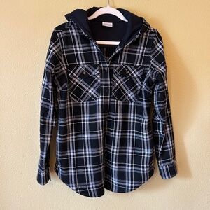 Columbia Black Plaid Hooded Lined Button Up Women's Small Long Sleeve
